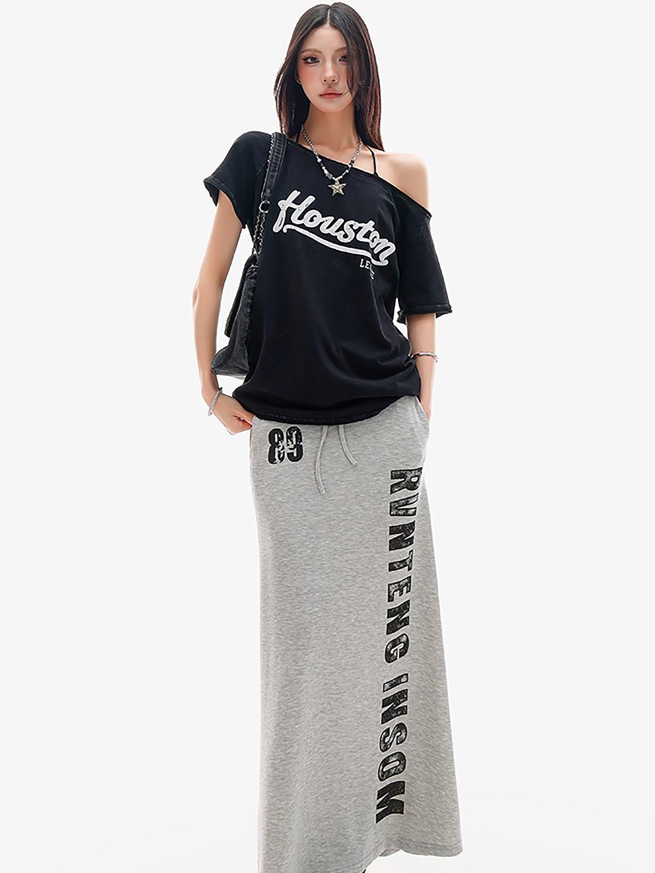 QIUQIU STUDIO Gray Letter Print Drawstring Mid Waist Women&