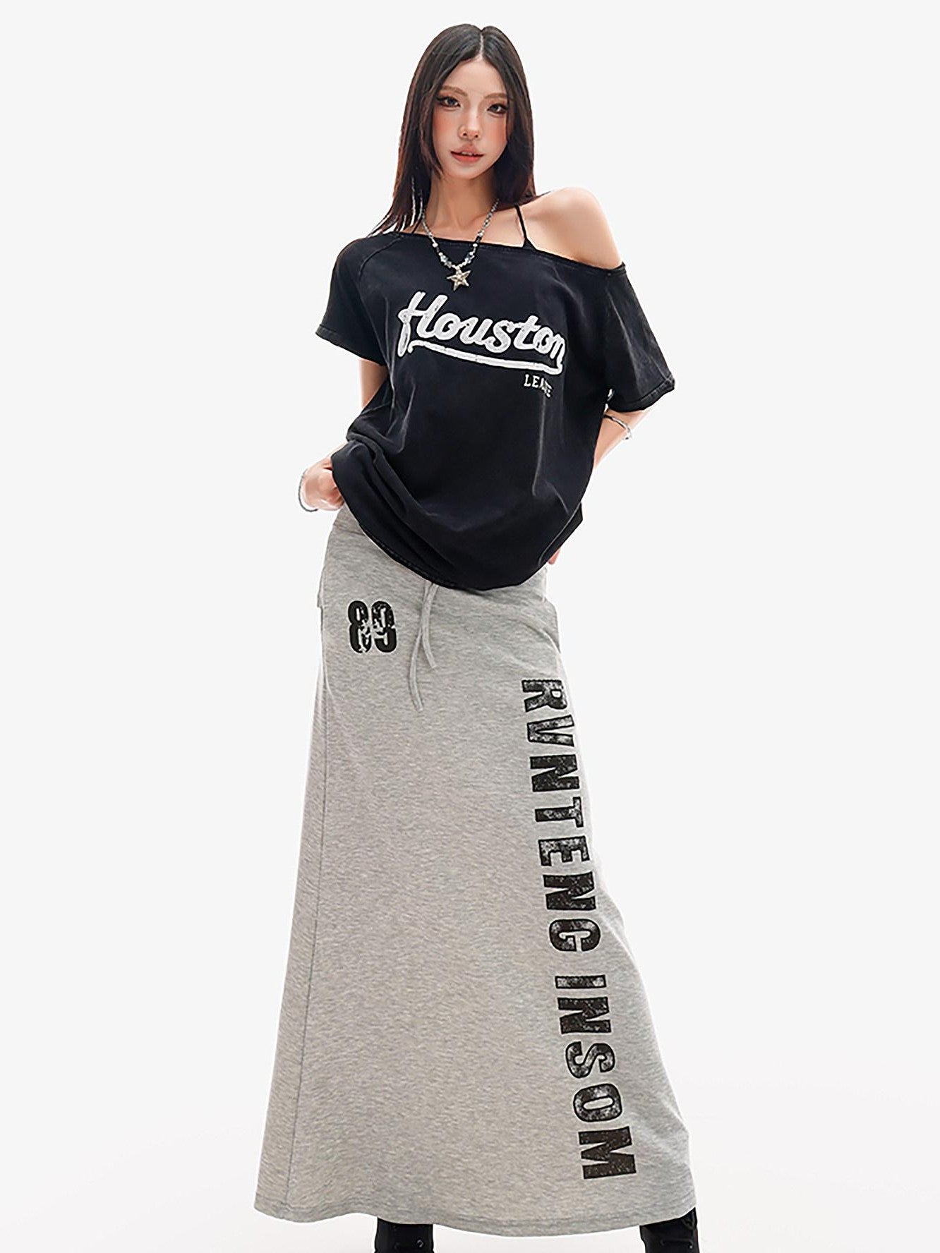 QIUQIU STUDIO Gray Letter Print Drawstring Mid Waist Women&