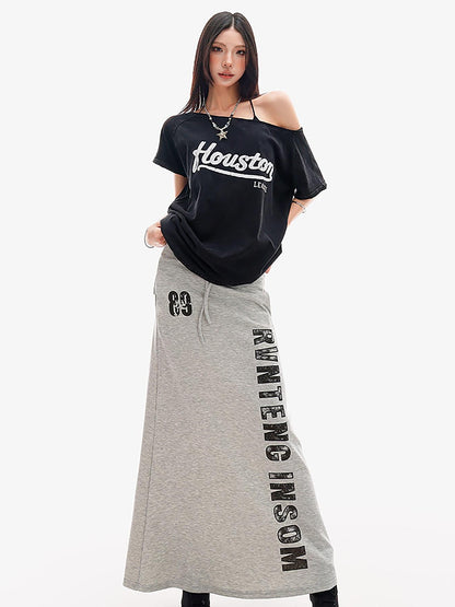 QIUQIU STUDIO Gray Letter Print Drawstring Mid Waist Women&