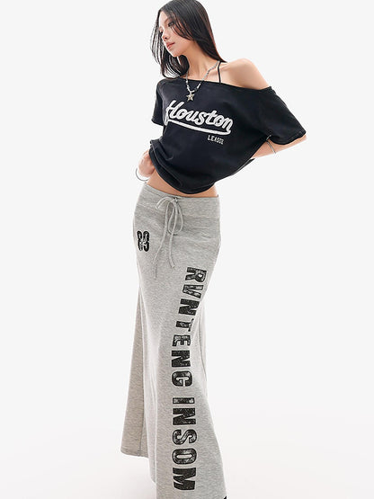 QIUQIU STUDIO Gray Letter Print Drawstring Mid Waist Women&