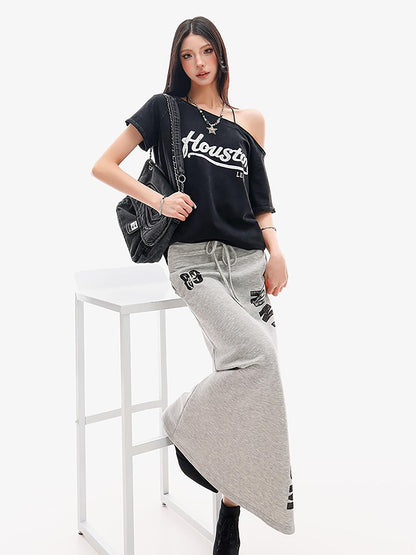 QIUQIU STUDIO Gray Letter Print Drawstring Mid Waist Women&