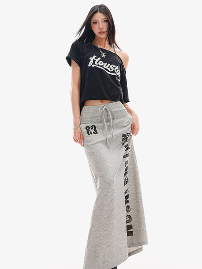 QIUQIU STUDIO Gray Letter Print Drawstring Mid Waist Women&