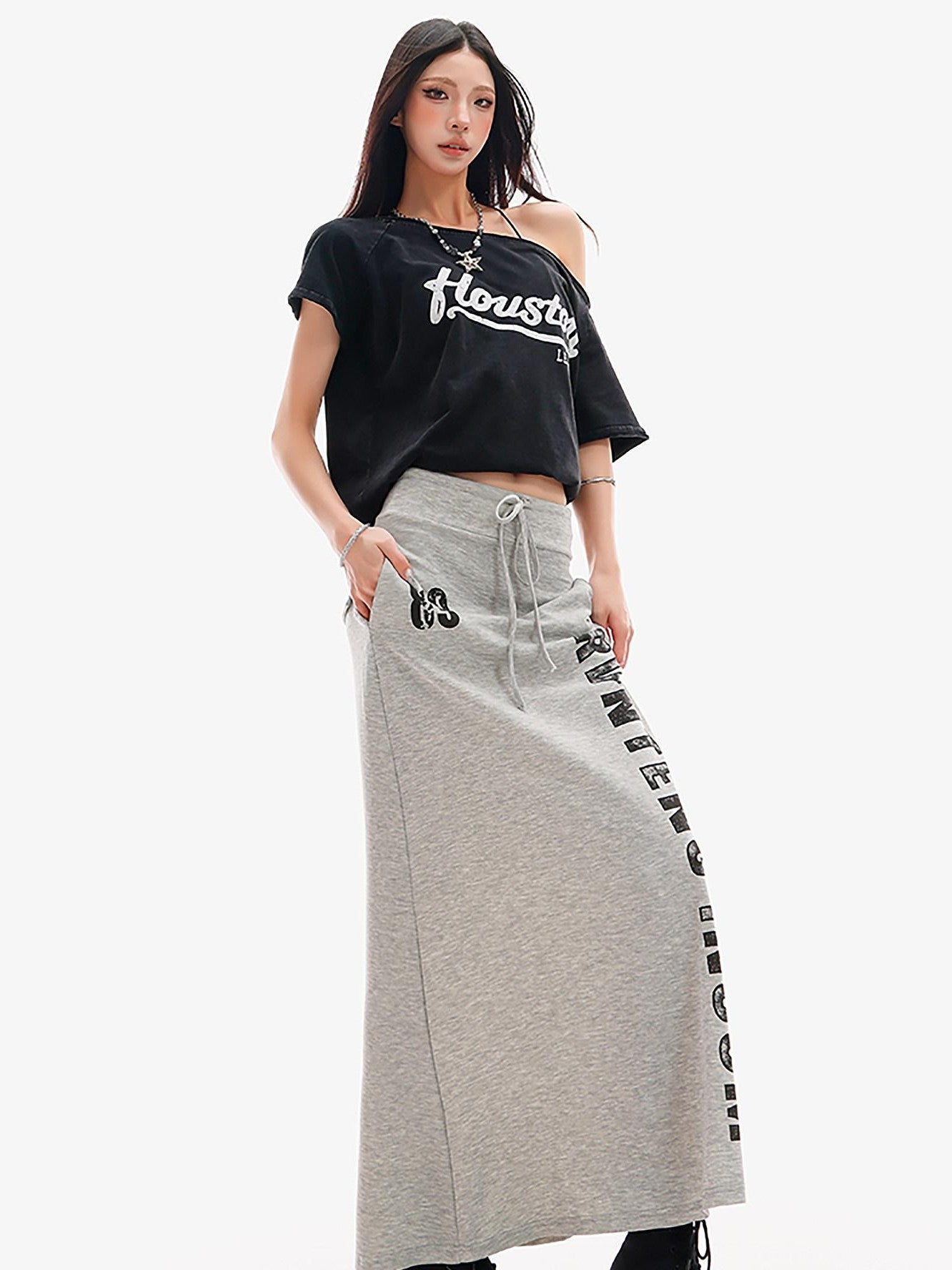 QIUQIU STUDIO Gray Letter Print Drawstring Mid Waist Women&