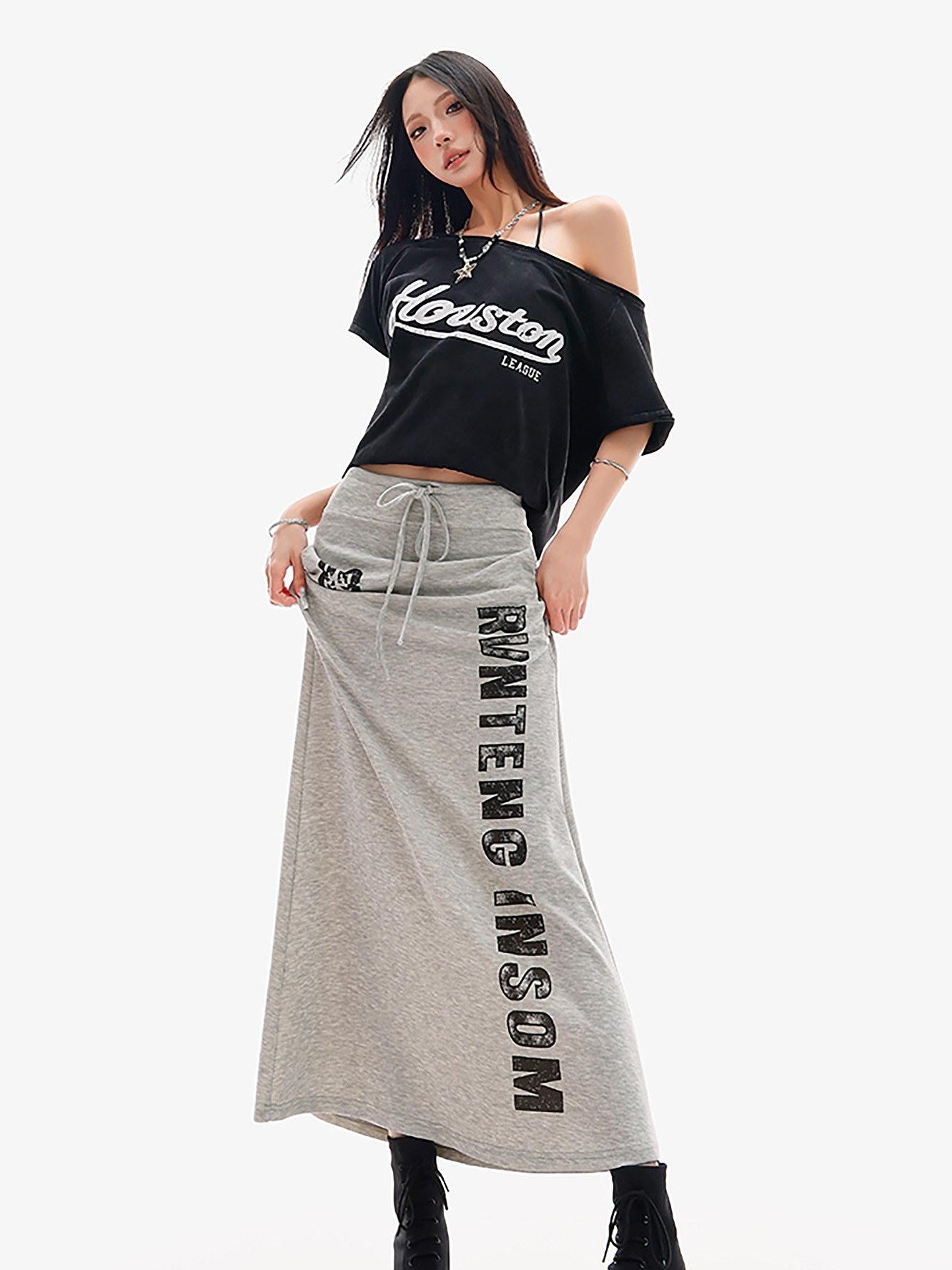 QIUQIU STUDIO Gray Letter Print Drawstring Mid Waist Women&