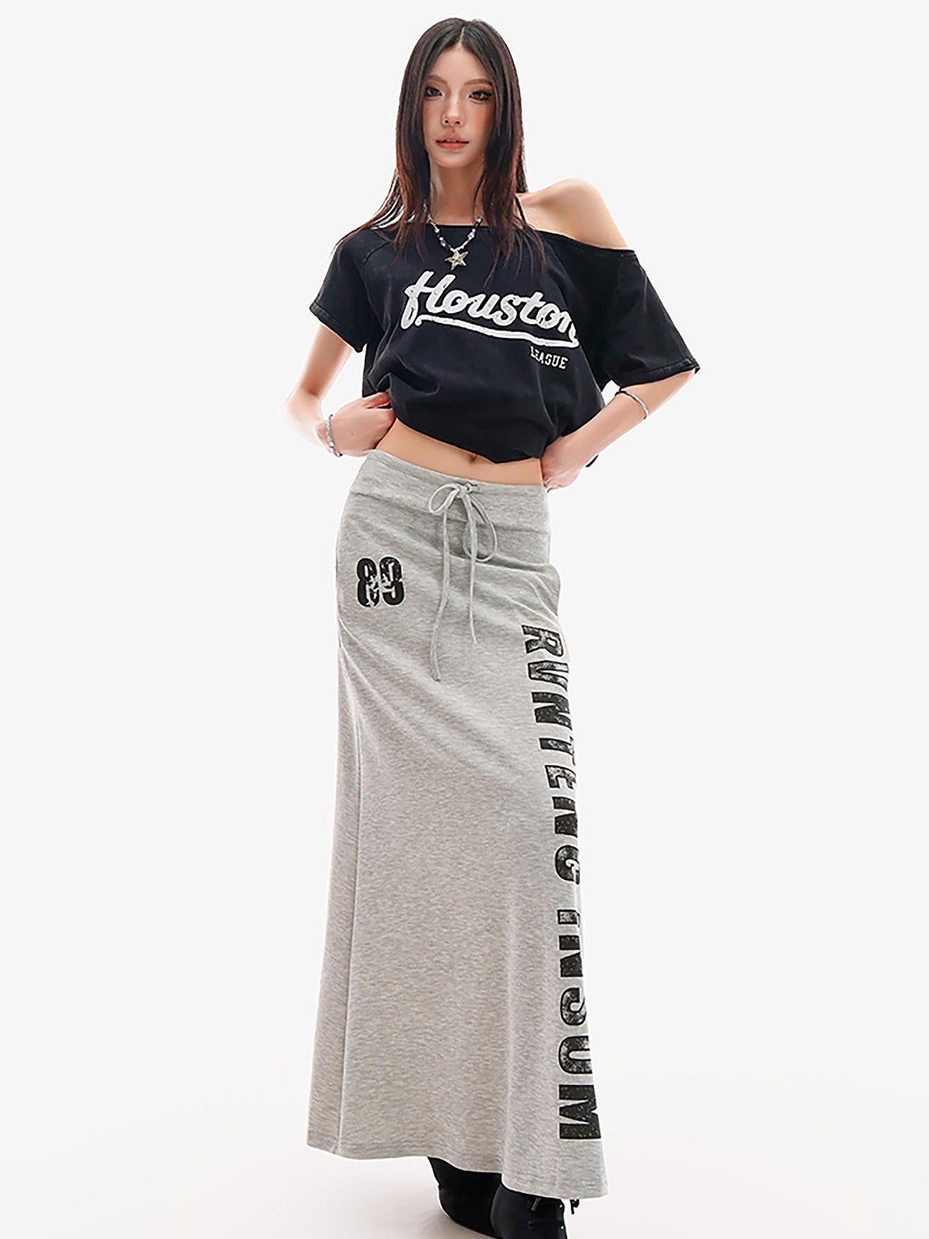 QIUQIU STUDIO Gray Letter Print Drawstring Mid Waist Women&