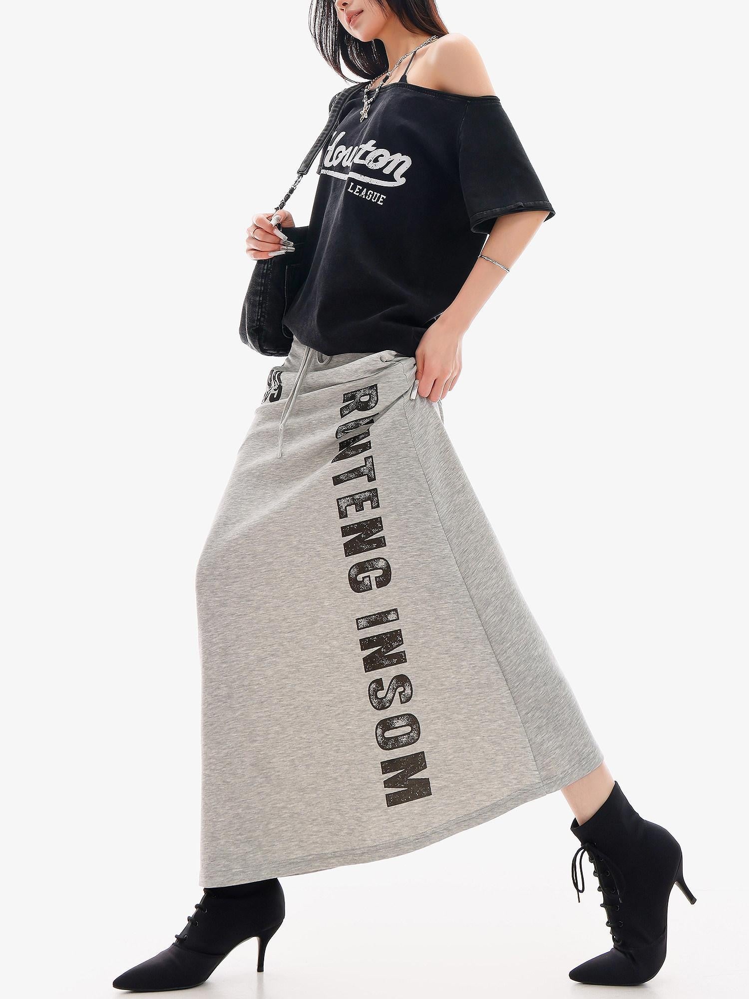 QIUQIU STUDIO Gray Letter Print Drawstring Mid Waist Women&