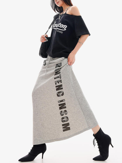 QIUQIU STUDIO Gray Letter Print Drawstring Mid Waist Women&