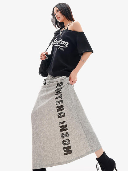 QIUQIU STUDIO Gray Letter Print Drawstring Mid Waist Women&