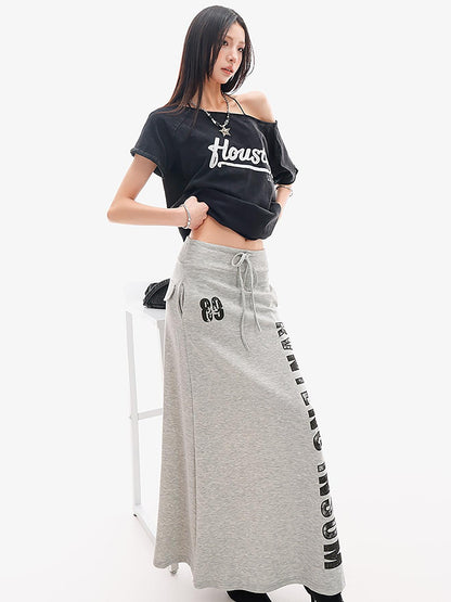 QIUQIU STUDIO Gray Letter Print Drawstring Mid Waist Women&