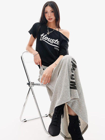 QIUQIU STUDIO Gray Letter Print Drawstring Mid Waist Women&