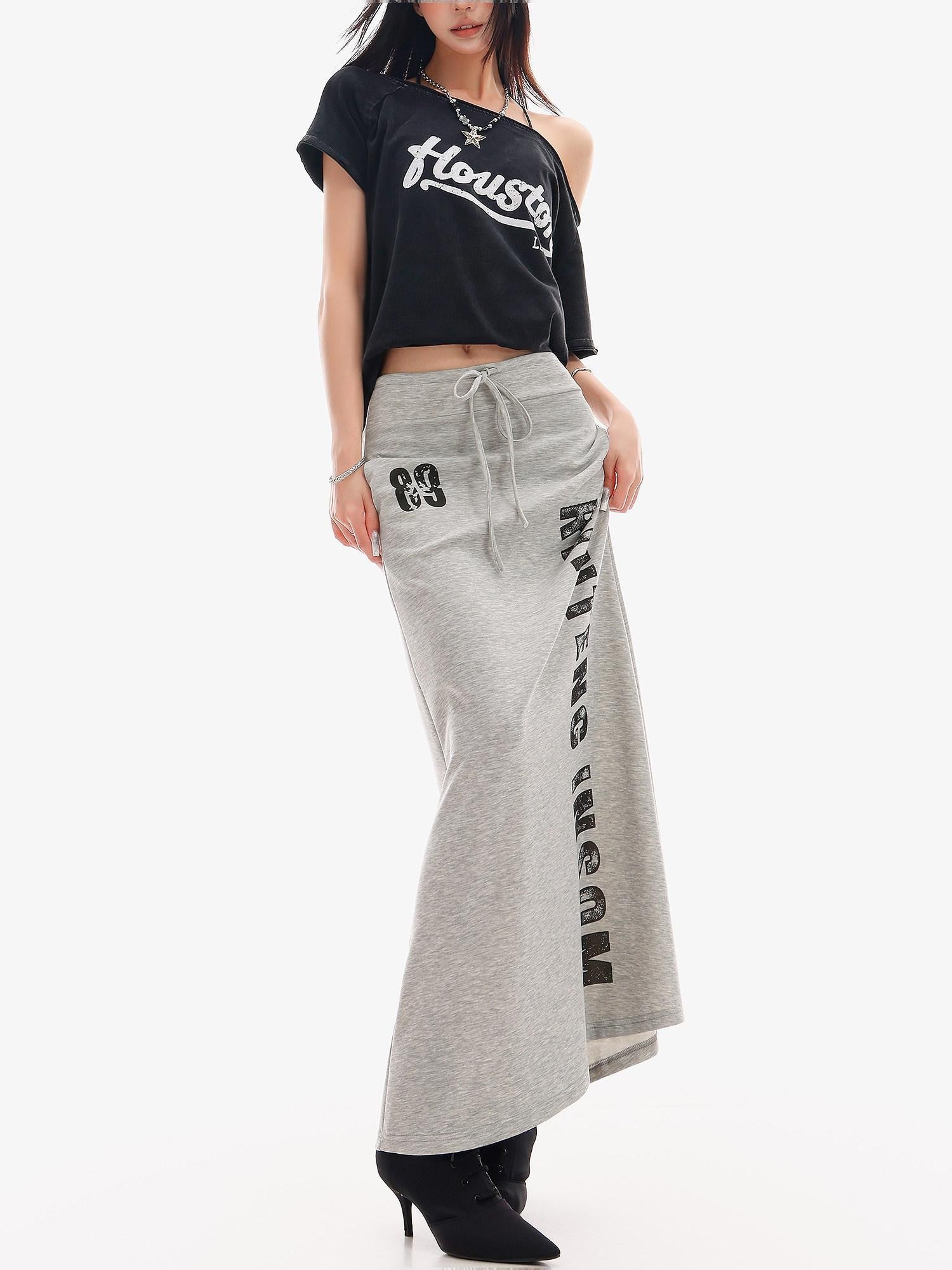 QIUQIU STUDIO Gray Letter Print Drawstring Mid Waist Women&
