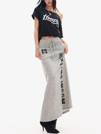 QIUQIU STUDIO Gray Letter Print Drawstring Mid Waist Women&