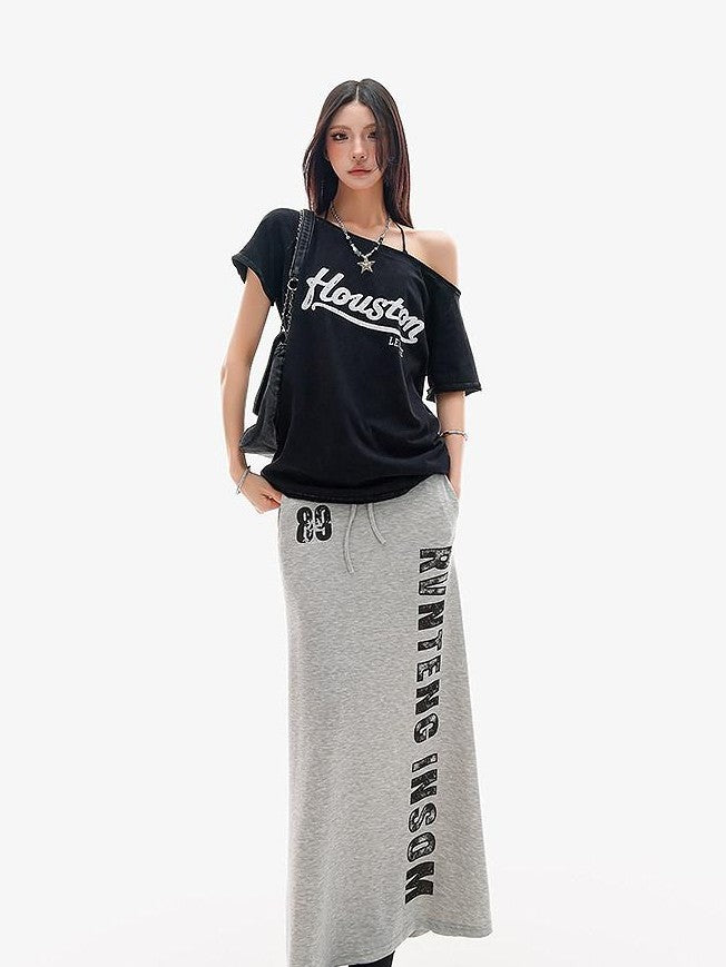 QIUQIU STUDIO Gray Letter Print Drawstring Mid Waist Women&