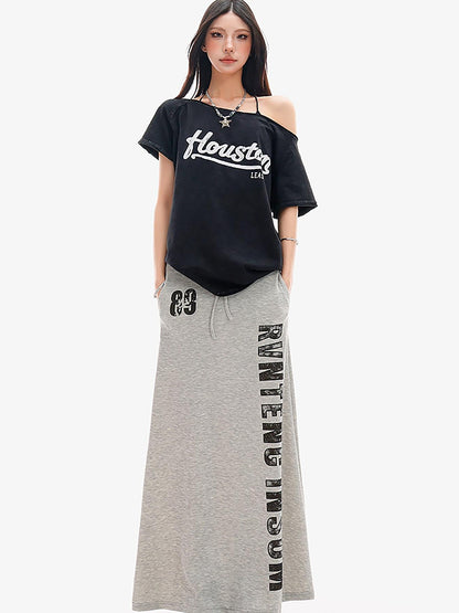QIUQIU STUDIO Gray Letter Print Drawstring Mid Waist Women&
