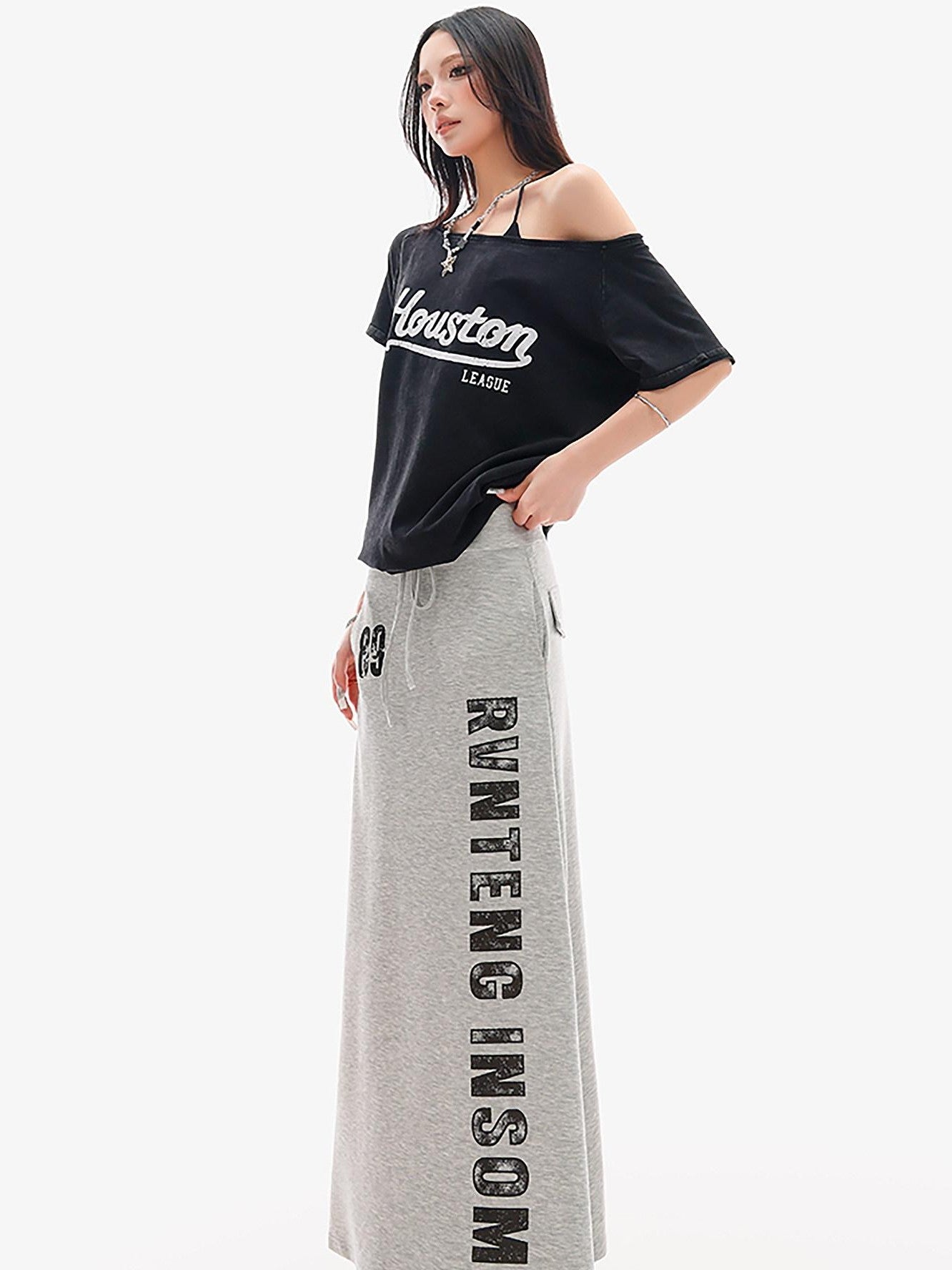 QIUQIU STUDIO Gray Letter Print Drawstring Mid Waist Women&