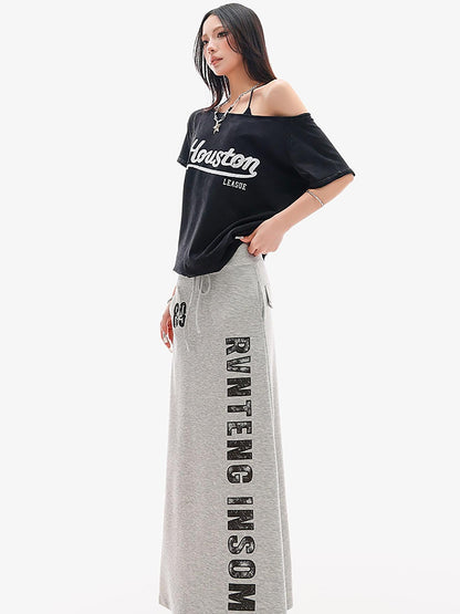 QIUQIU STUDIO Gray Letter Print Drawstring Mid Waist Women&
