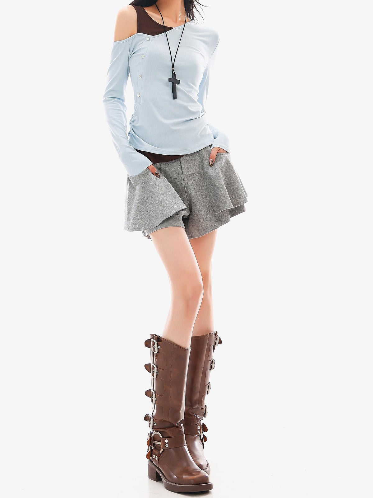 QIUQIU STUDIO Gray Loose Ruffle Layered A Line Women&