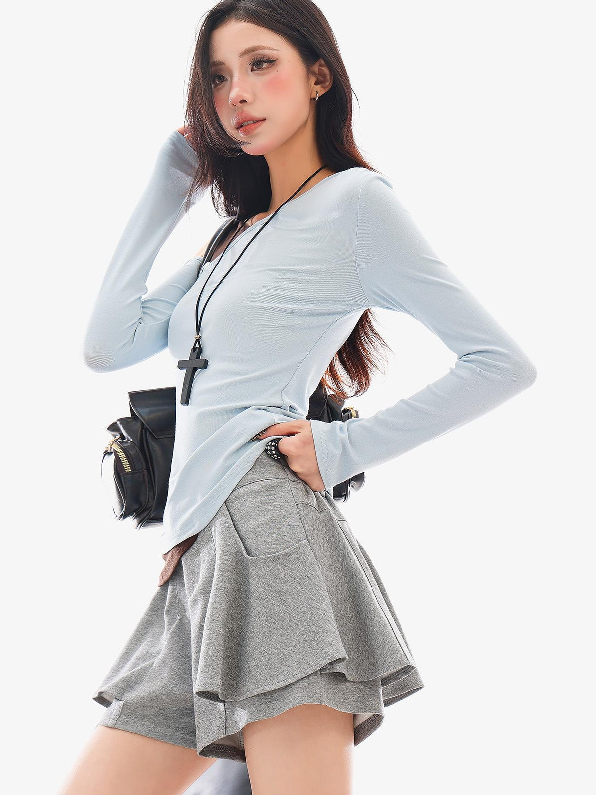 QIUQIU STUDIO Gray Loose Ruffle Layered A Line Women&