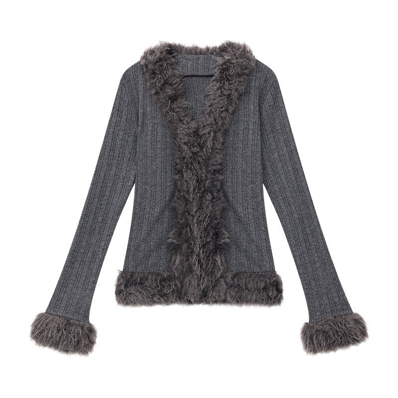 QIUQIU_STUDIO_Gray_Plush_V-neck_Cardigan_Slim_Fit_Bell_Sleeve_Women&