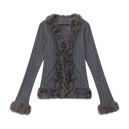 QIUQIU_STUDIO_Gray_Plush_V-neck_Cardigan_Slim_Fit_Bell_Sleeve_Women&