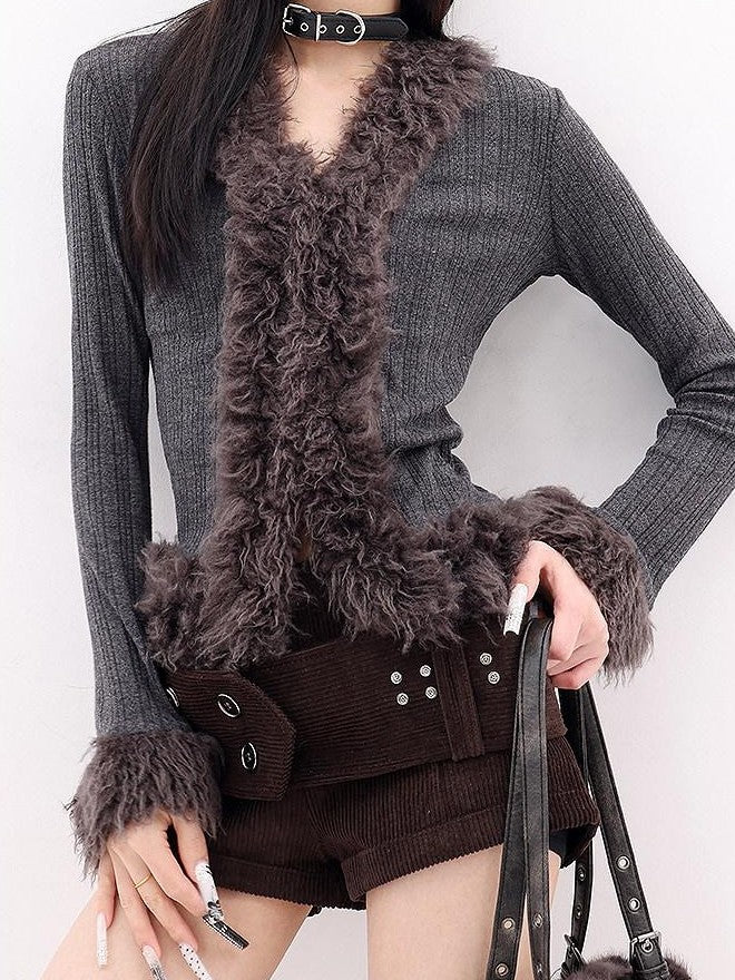 QIUQIU STUDIO Gray Plush V-neck Cardigan Slim Fit Bell Sleeve Women&