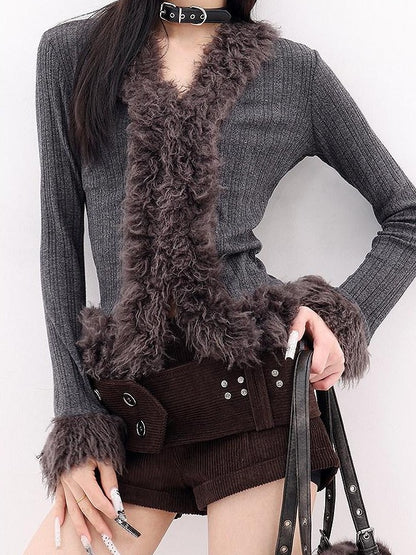 QIUQIU STUDIO Gray Plush V-neck Cardigan Slim Fit Bell Sleeve Women&