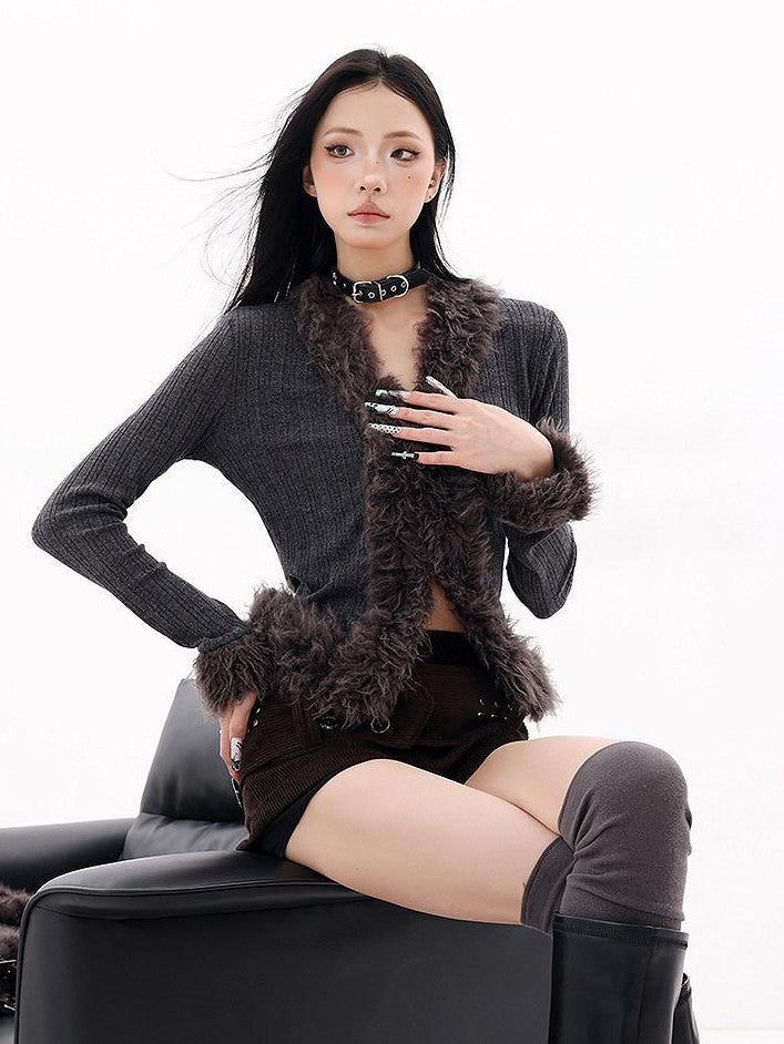 QIUQIU STUDIO Gray Plush V-neck Cardigan Slim Fit Bell Sleeve Women&