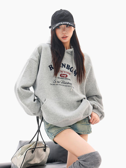 QIUQIU STUDIO Gray Print Loose Fit Fleece Lined American Style Women&