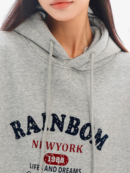 QIUQIU STUDIO Gray Print Loose Fit Fleece Lined American Style Women&