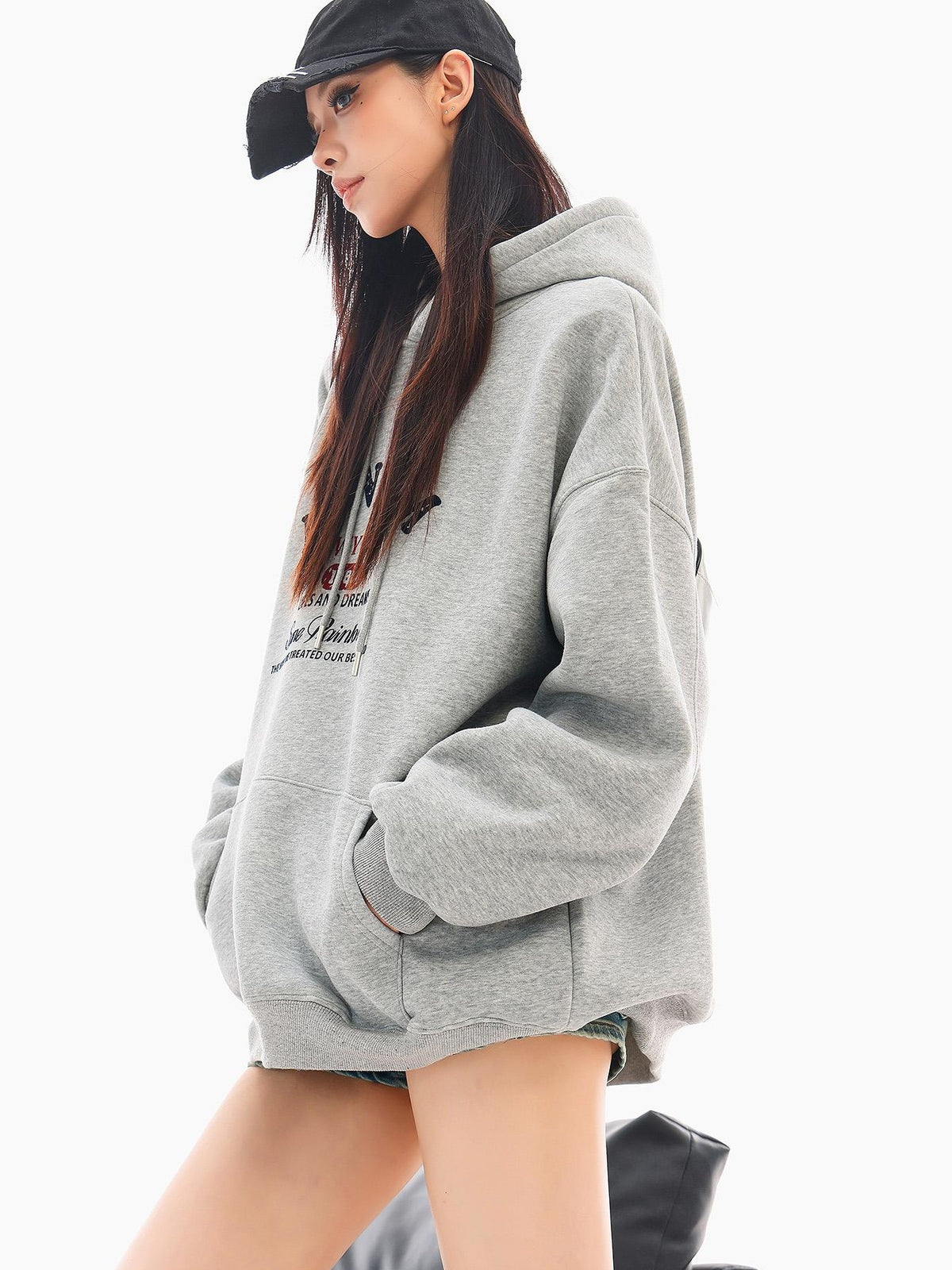 QIUQIU STUDIO Gray Print Loose Fit Fleece Lined American Style Women&