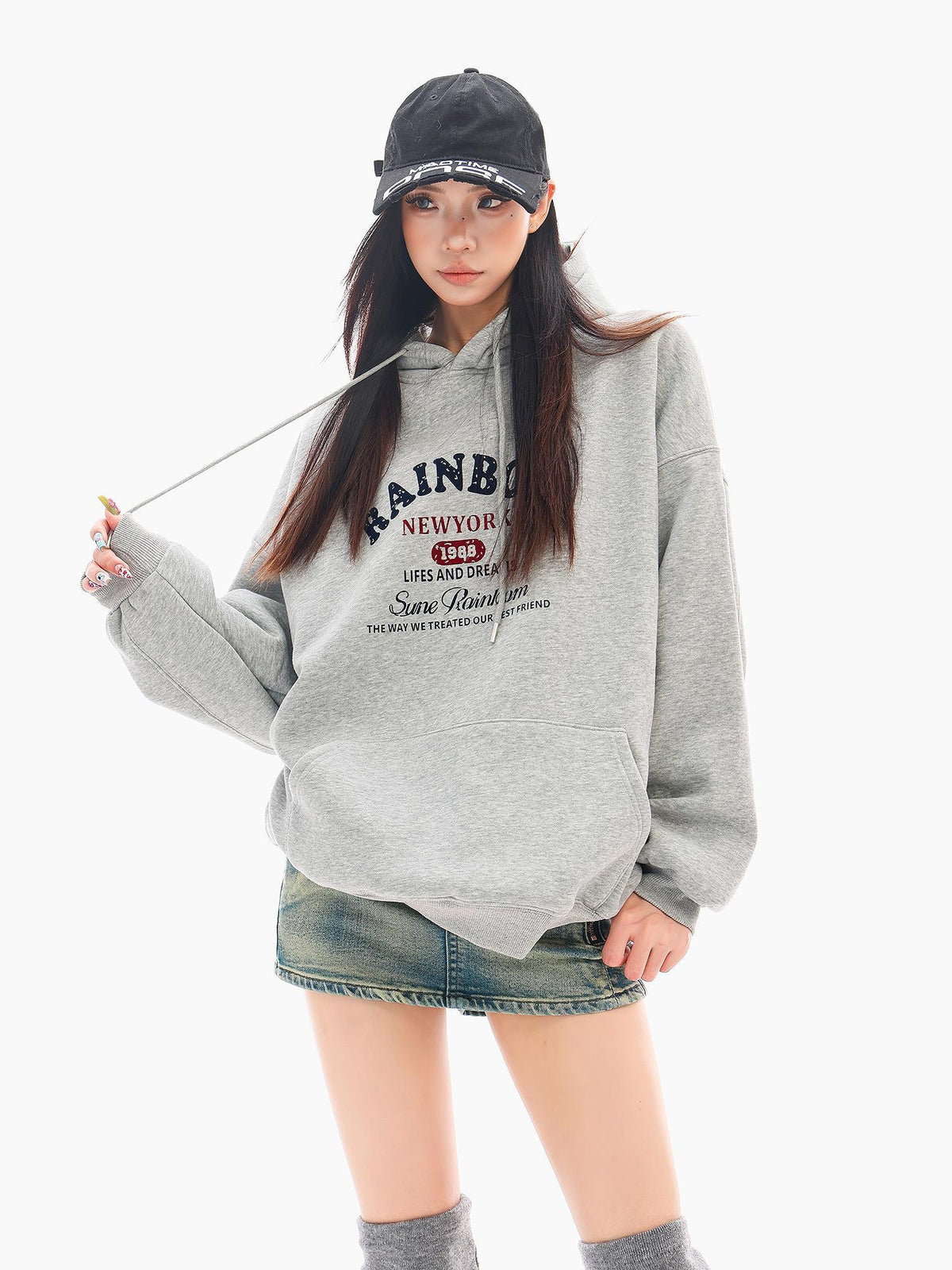 QIUQIU STUDIO Gray Print Loose Fit Fleece Lined American Style Women&