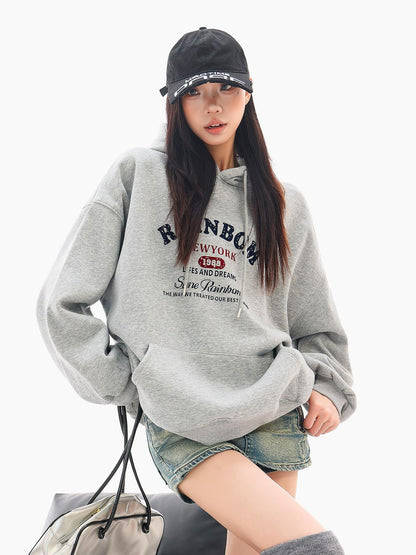 QIUQIU STUDIO Gray Print Loose Fit Fleece Lined American Style Women&