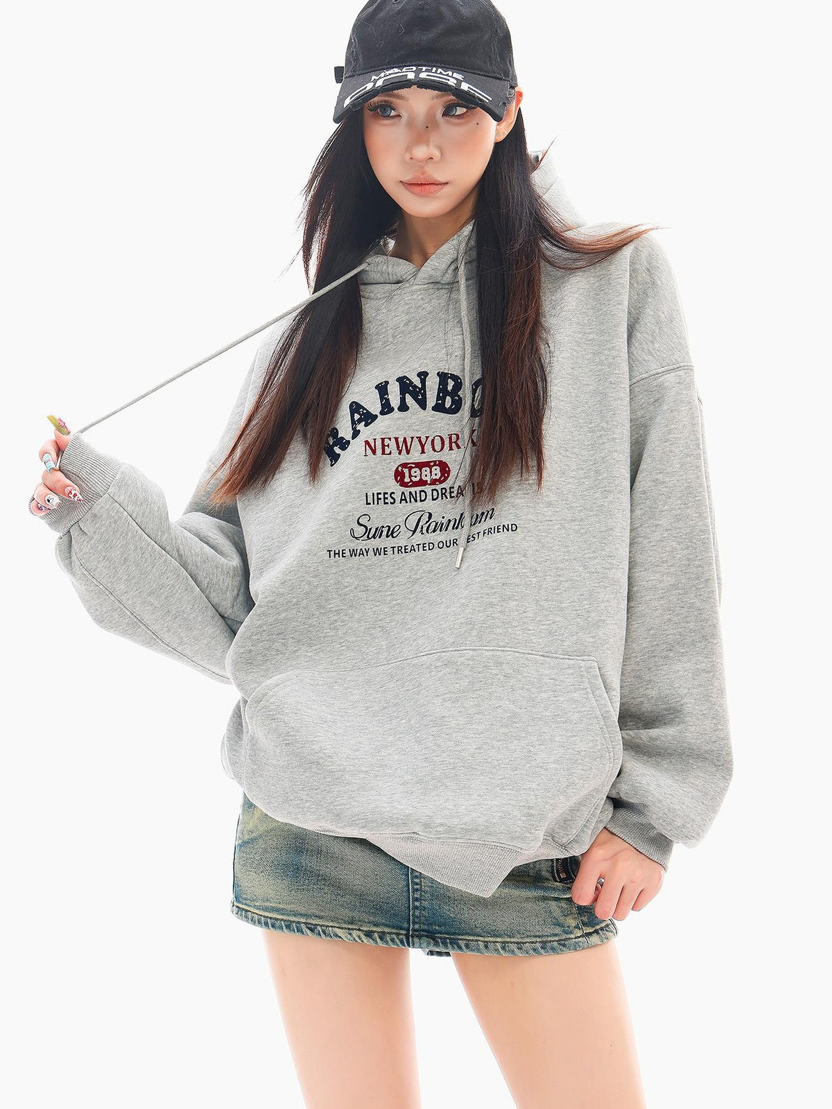 QIUQIU STUDIO Gray Print Loose Fit Fleece Lined American Style Women&