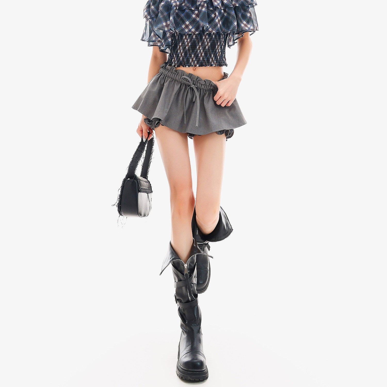 QIUQIU_STUDIO_Gray_Ruched_Solid_Drawstring_Bubble_Hem_Women&