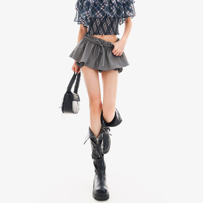 QIUQIU_STUDIO_Gray_Ruched_Solid_Drawstring_Bubble_Hem_Women&