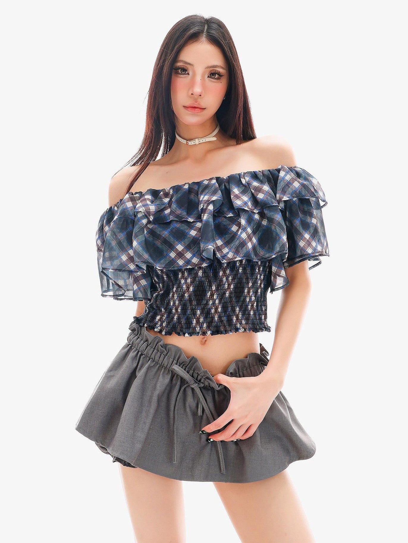 QIUQIU STUDIO Gray Ruched Solid Drawstring Bubble Hem Women&