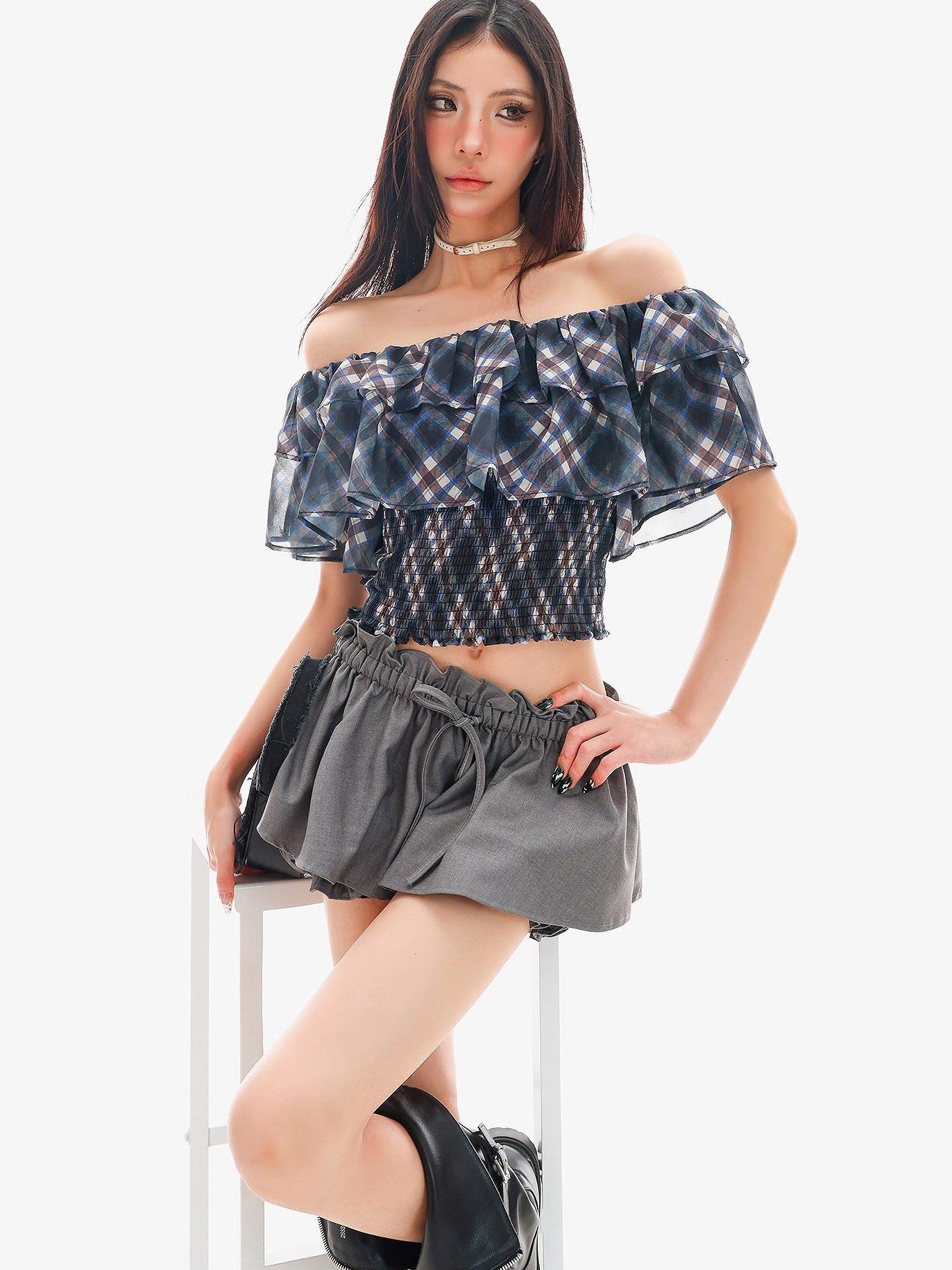 QIUQIU STUDIO Gray Ruched Solid Drawstring Bubble Hem Women&