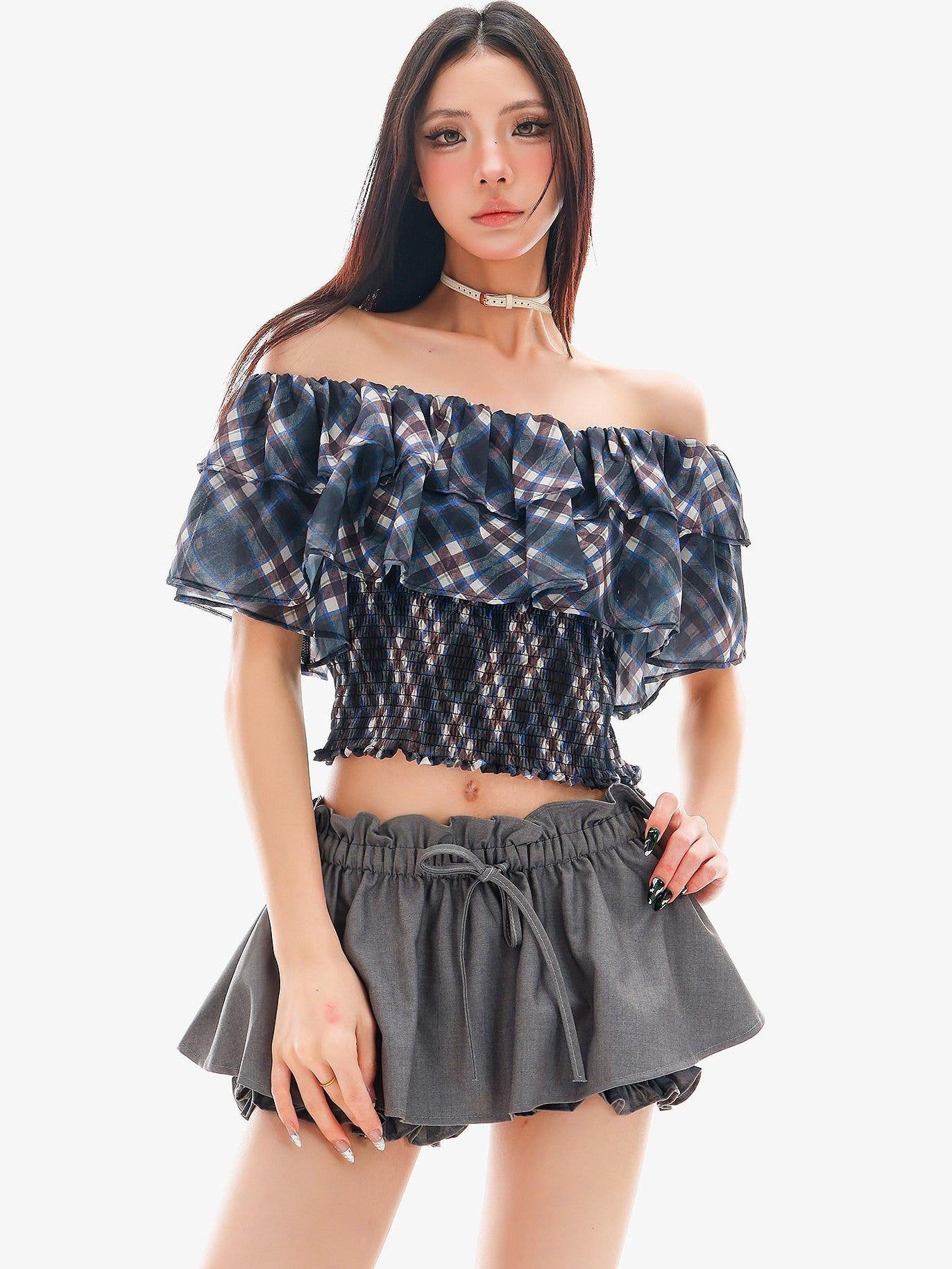 QIUQIU STUDIO Gray Ruched Solid Drawstring Bubble Hem Women&