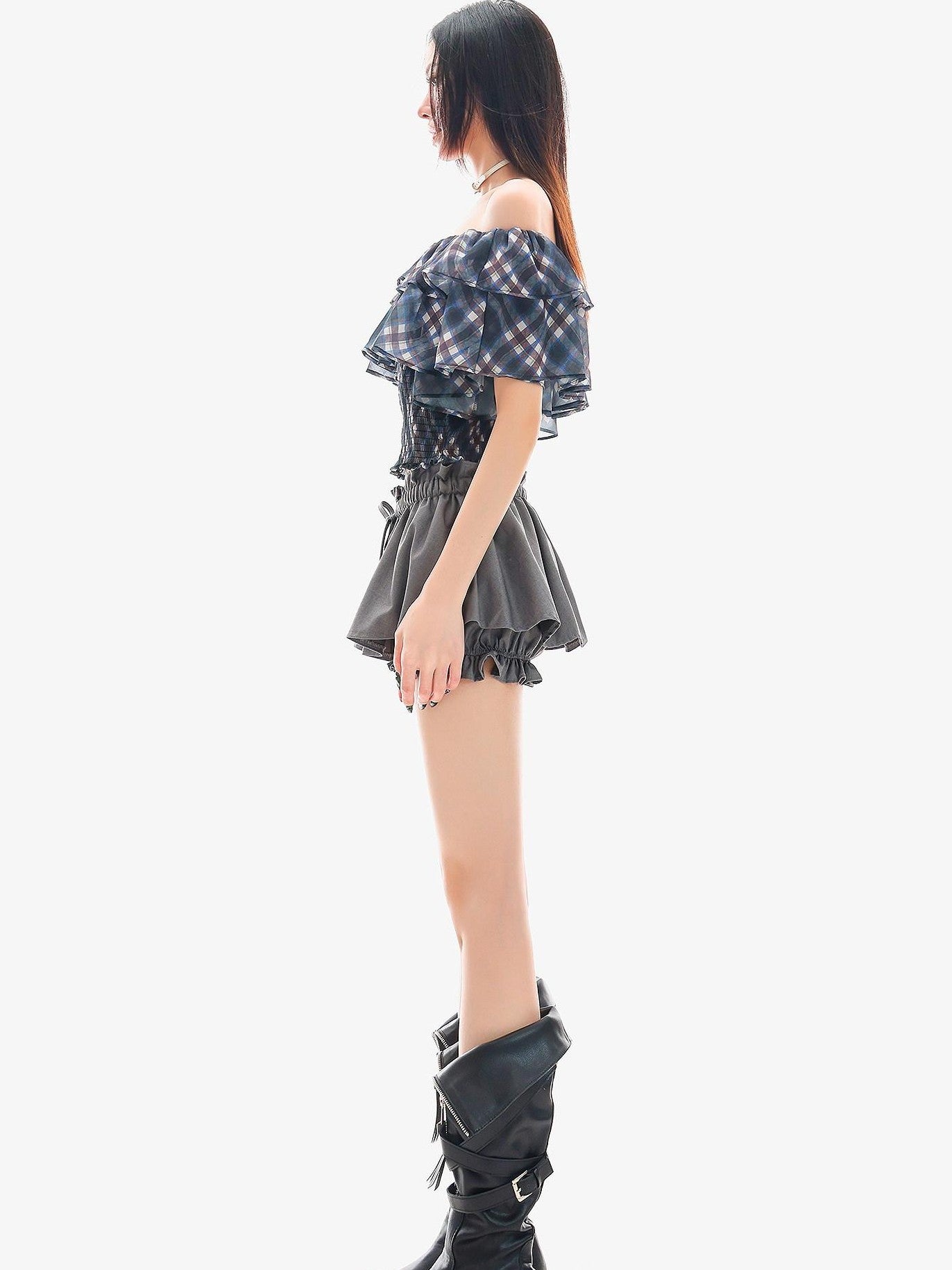 QIUQIU STUDIO Gray Ruched Solid Drawstring Bubble Hem Women&