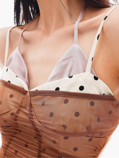 QIUQIU STUDIO Gray Sheer Polka Dot Spaghetti Strap Cropped Women&