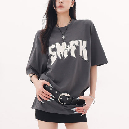 QIUQIU_STUDIO_Gray_White_Black_Letter_Print_Drop_Shoulder_Women&