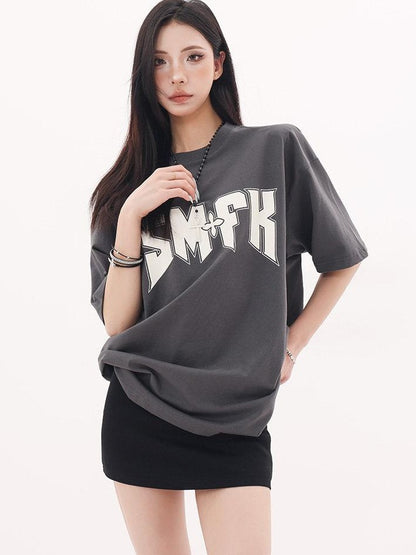 QIUQIU STUDIO Gray White Black Letter Print Drop Shoulder Women&