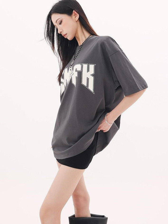 QIUQIU STUDIO Gray White Black Letter Print Drop Shoulder Women&