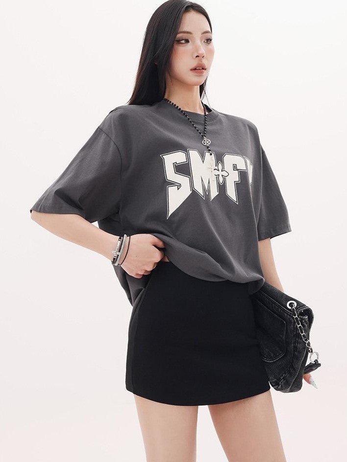 QIUQIU STUDIO Gray White Black Letter Print Drop Shoulder Women&