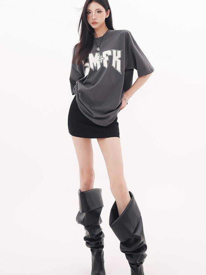 QIUQIU STUDIO Gray White Black Letter Print Drop Shoulder Women&