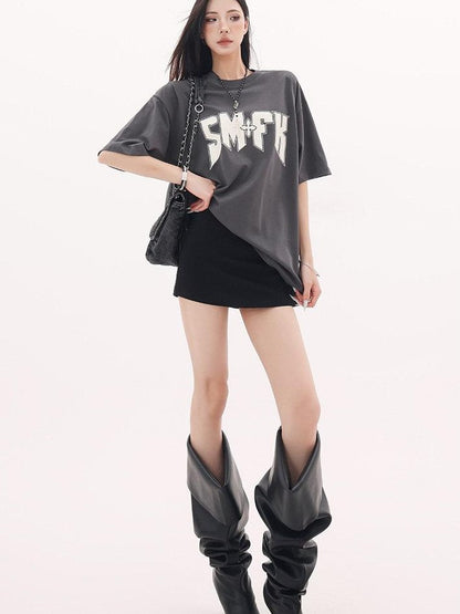QIUQIU STUDIO Gray White Black Letter Print Drop Shoulder Women&