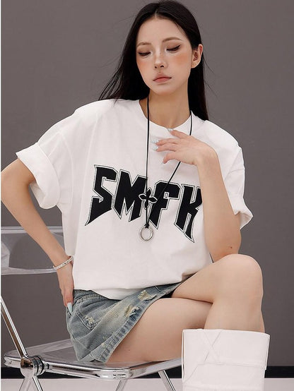 QIUQIU STUDIO Gray White Black Letter Print Drop Shoulder Women&