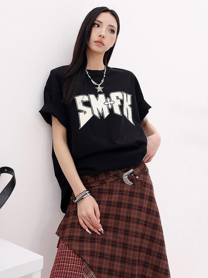 QIUQIU STUDIO Gray White Black Letter Print Drop Shoulder Women&