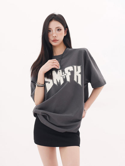 QIUQIU STUDIO Gray White Black Letter Print Drop Shoulder Women&