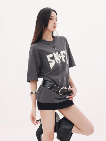 QIUQIU STUDIO Gray White Black Letter Print Drop Shoulder Women&